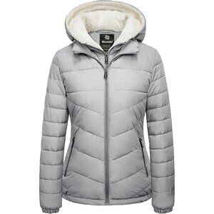 Women's Fabric Fleece Hooded Gray Puffer Quilted Jacket Coats Winter Warm